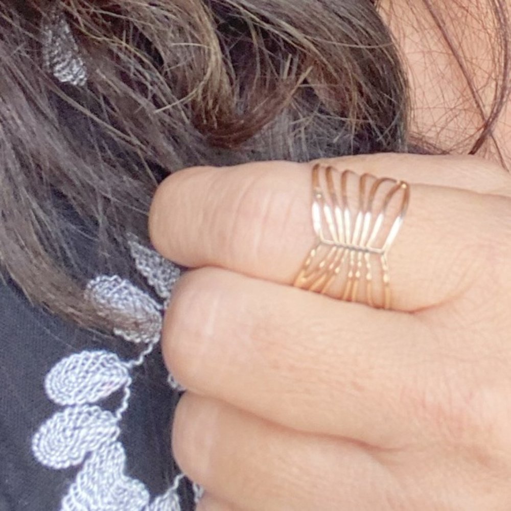 GOLD TATTOO STYLE STATEMENT ANGEL WINGS RING - Picture 3 of 4
